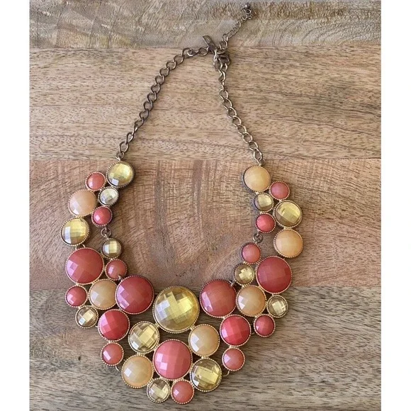 INC Statement Necklace In Pink Yellow And Gold Stones - Picture 2 of 5